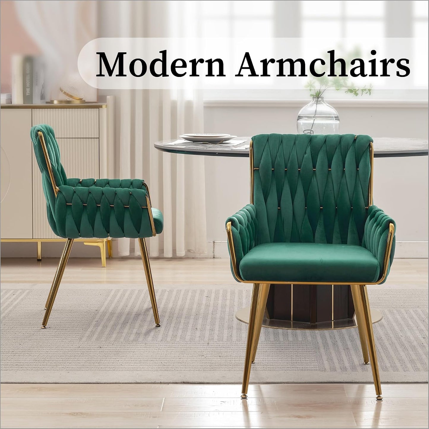 Beige Velvet Accent Chair Hand Woven Upholstered Armchair with Gold Metal Legs
