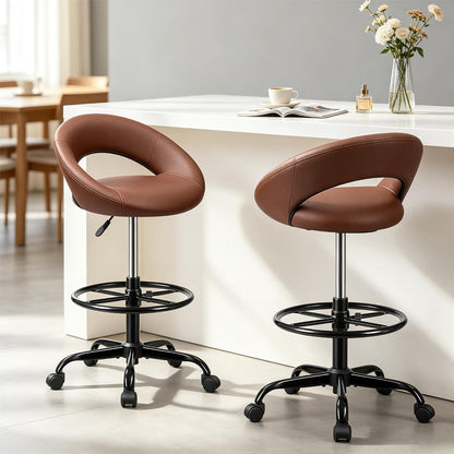 Adjustable Drafting Chair Black Faux Leather Swivel Counter Stool with Wheels