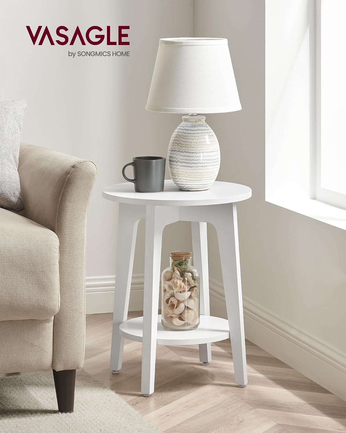 Round Wood Side Table with Lower Shelf Mid Century End Table