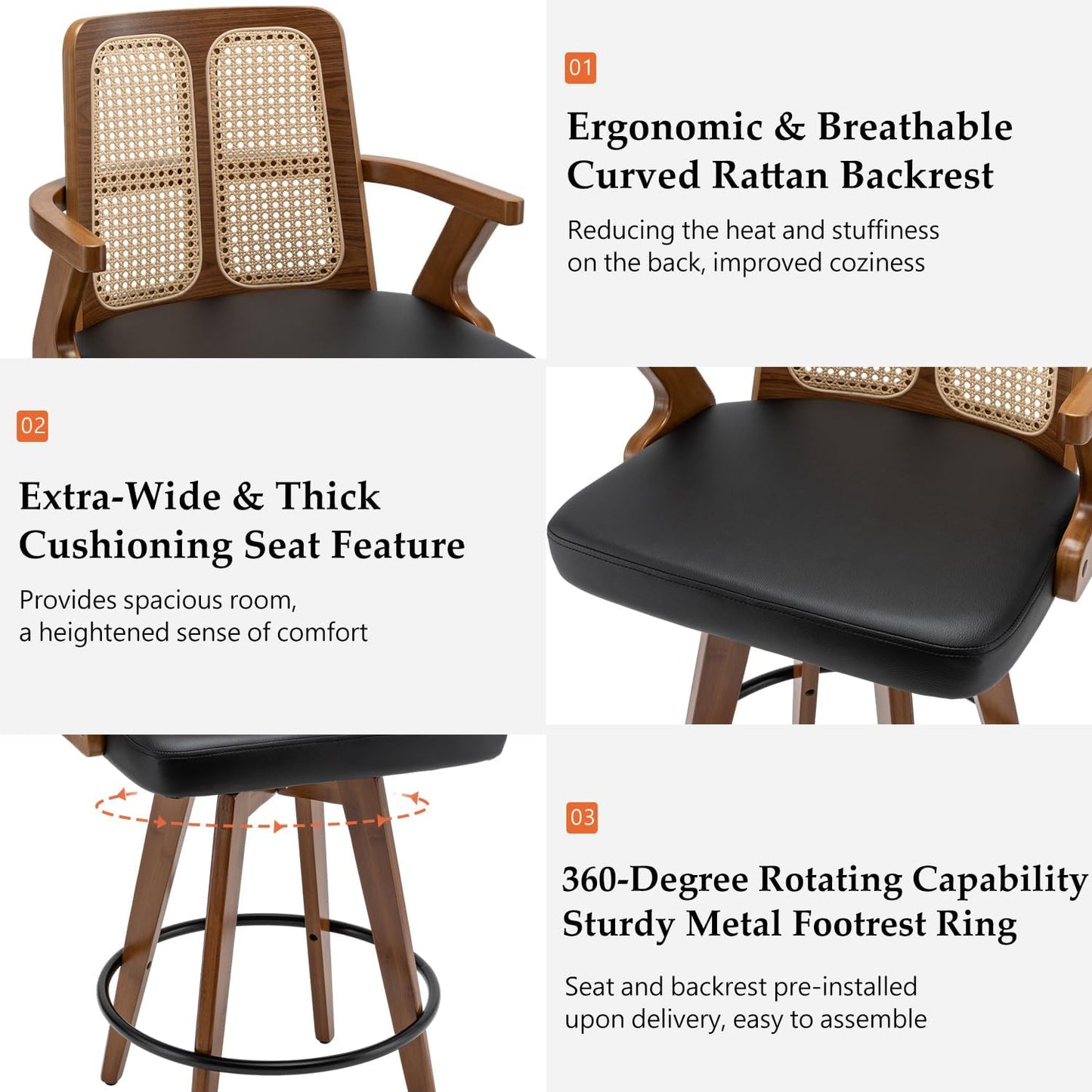 Walnut Rattan Swivel Counter Stool with Arms Green Upholstered Seat