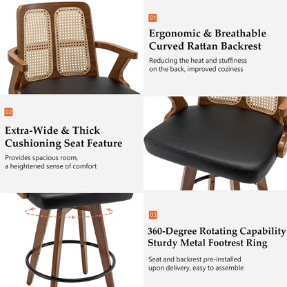 Walnut Rattan Swivel Counter Stool with Arms Green Upholstered Seat