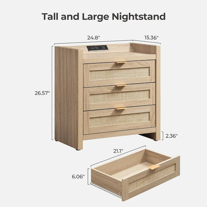 Rattan Nightstand with 3 Drawers Charging Station Farmhouse Bedside Table