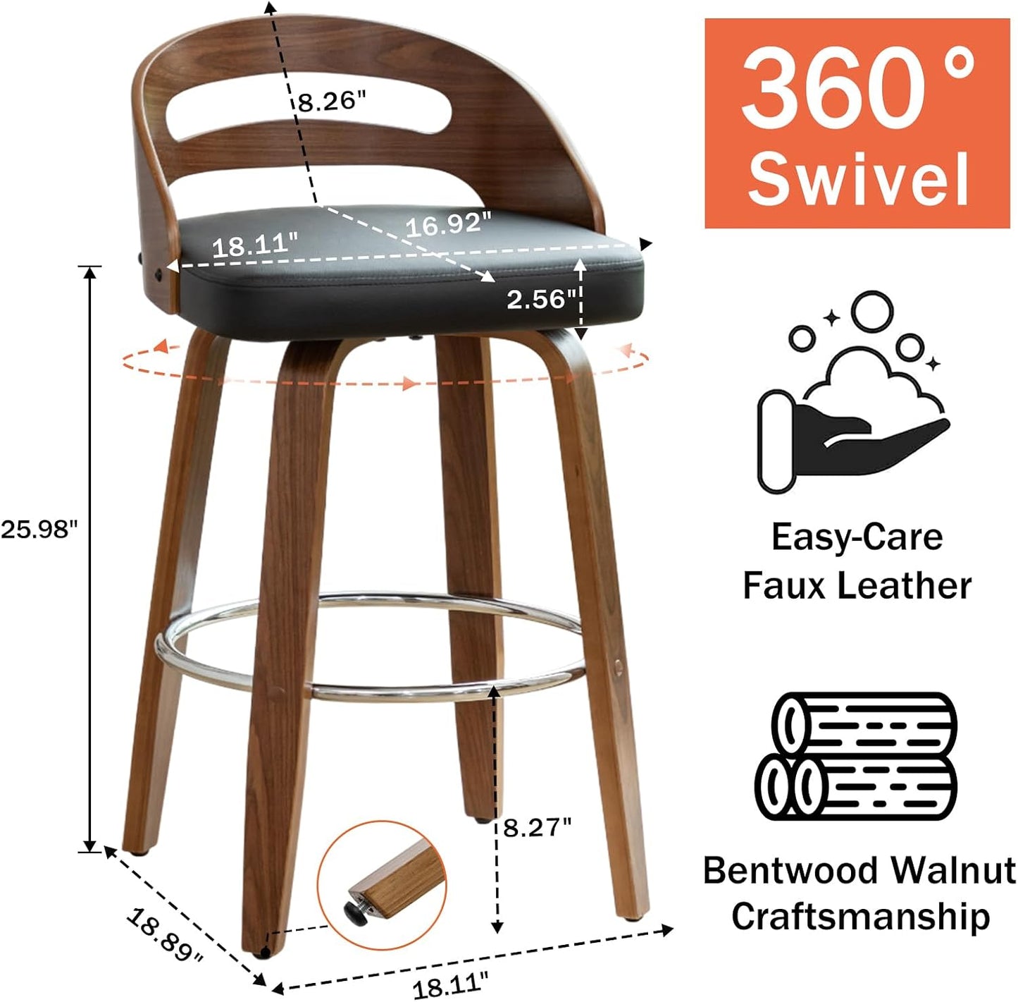 Walnut Green Swivel Counter Stool with Faux Leather Seat Mid Century Bar Chair