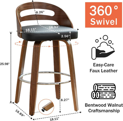 Walnut Green Swivel Counter Stool with Faux Leather Seat Mid Century Bar Chair