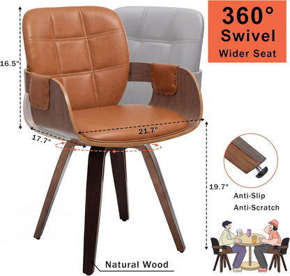Walnut Brown Swivel Dining Chair with Arms Faux Leather Mid Century Chair