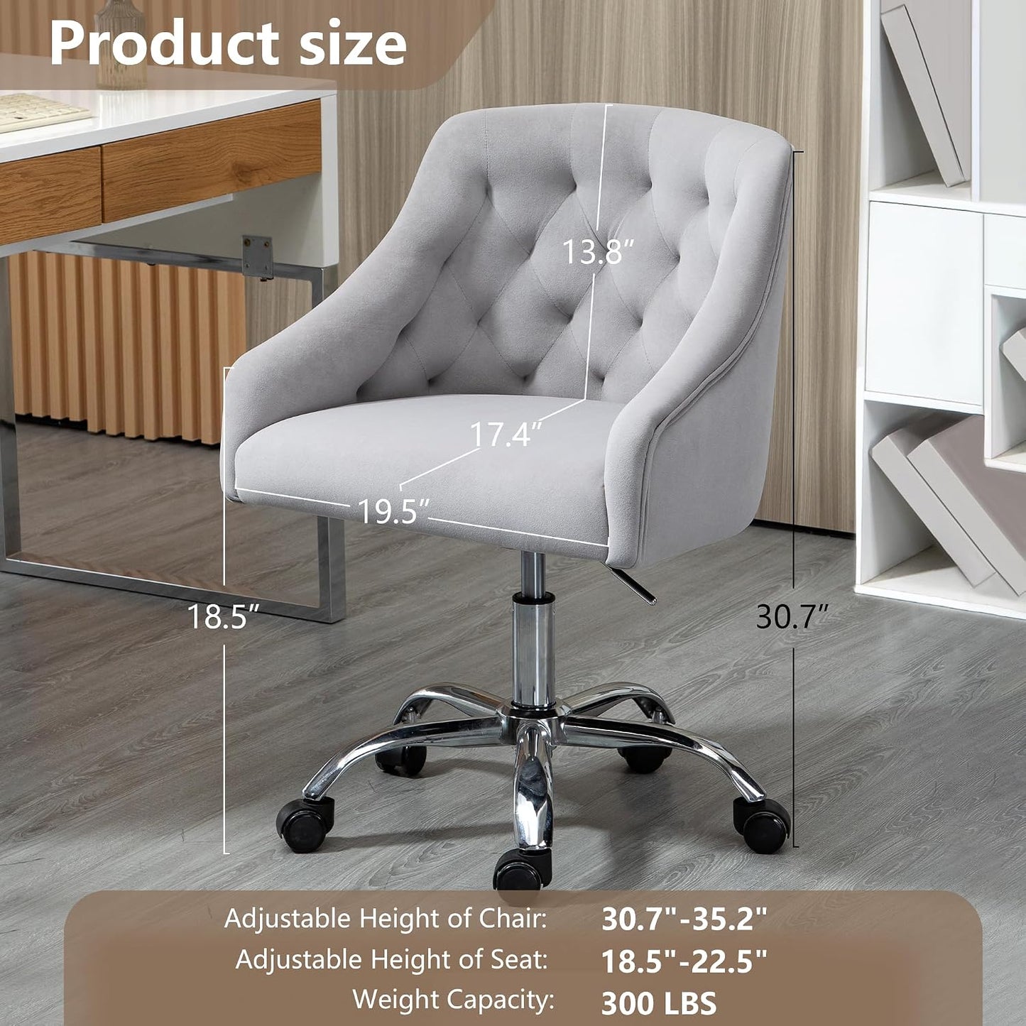 Ivory Velvet Office Chair Tufted Adjustable Swivel Vanity Chair with Wheels