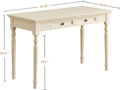 French Country Solid Wood Writing Desk with 2 Drawers Beige Farmhouse Table