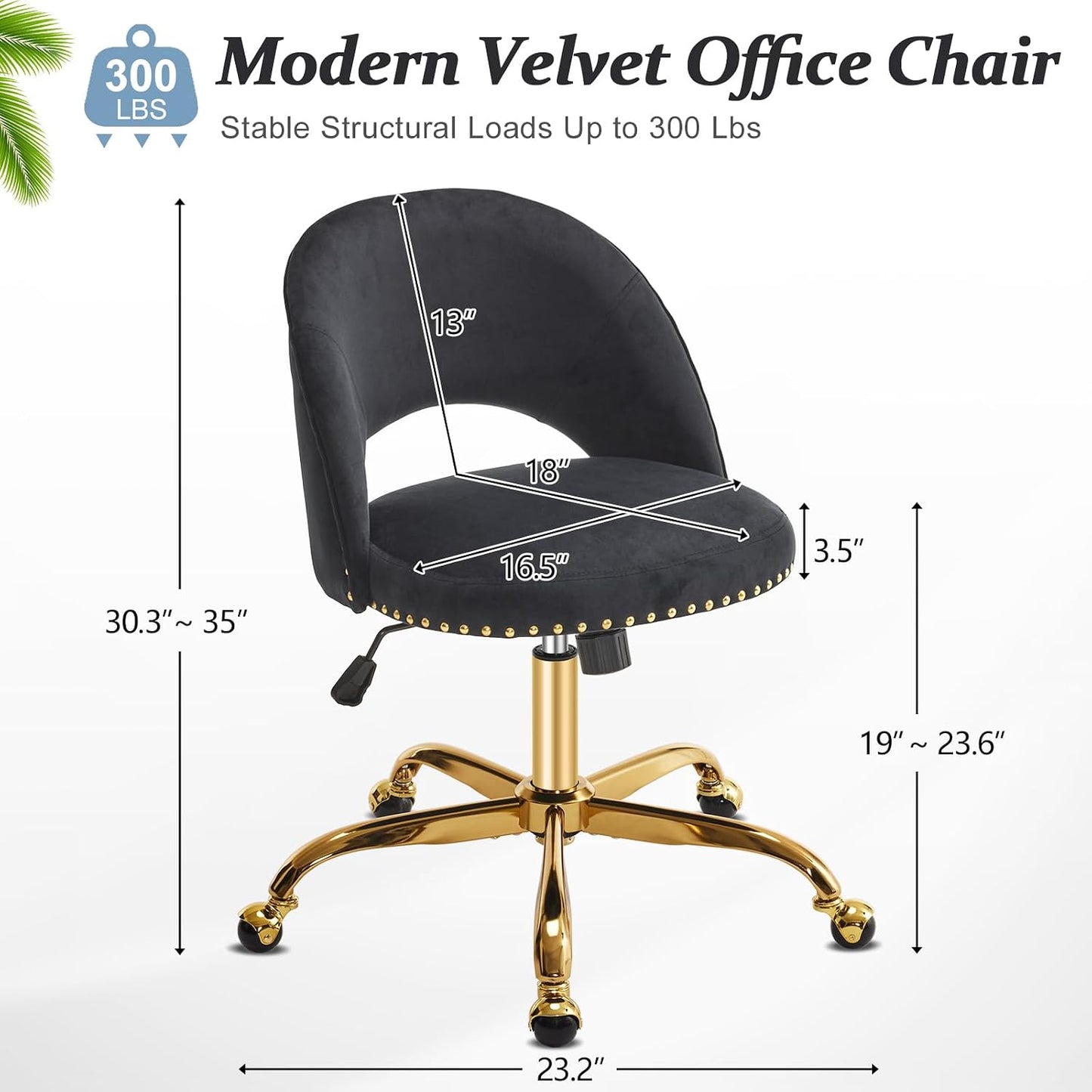 Navy Blue Velvet Office Chair Gold Swivel Rolling Vanity Desk Chair