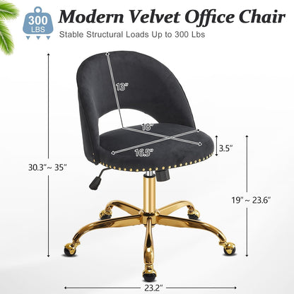 Navy Blue Velvet Office Chair Gold Swivel Rolling Vanity Desk Chair