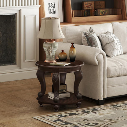 Round End Table Antique Natural Victorian Carved Side Table with Storage Shelf