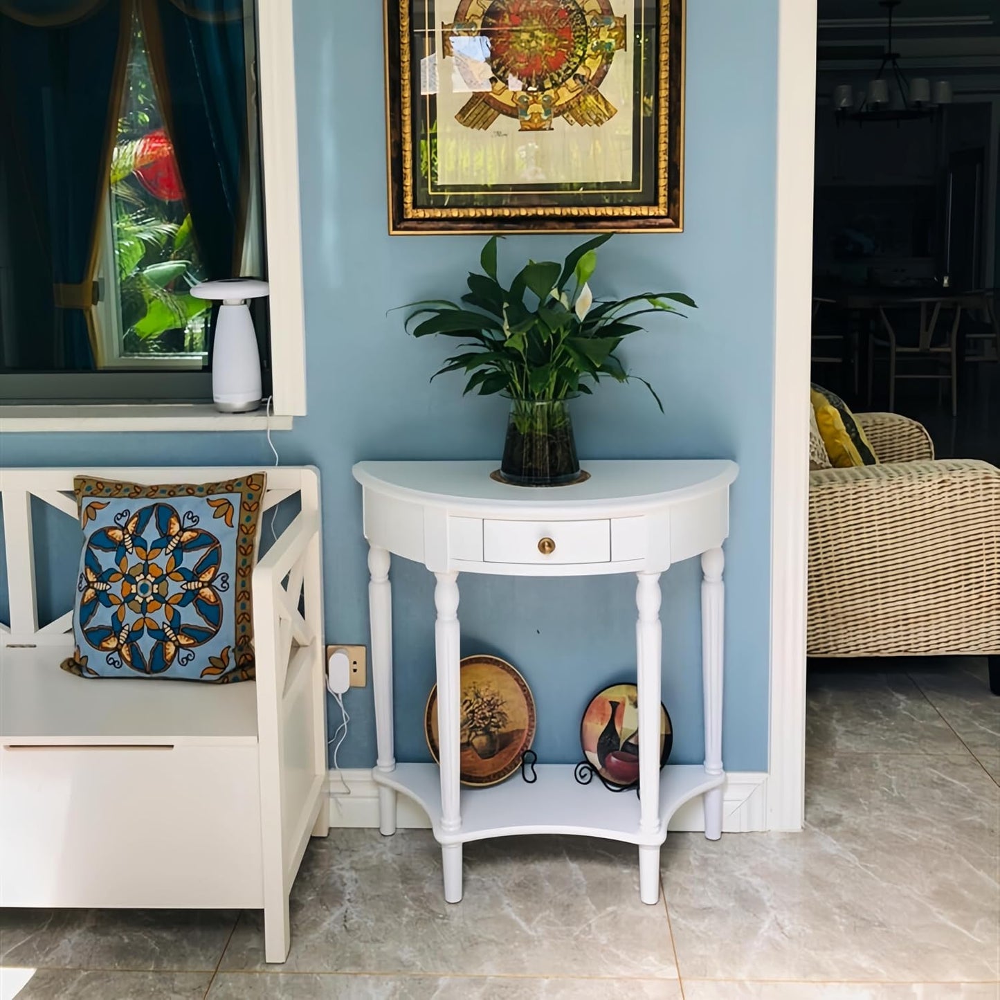 Solid Wood Half Moon Console Table with Drawer Cherry Wood Entryway Table