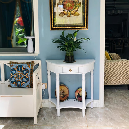 Solid Wood Half Moon Console Table with Drawer Cherry Wood Entryway Table