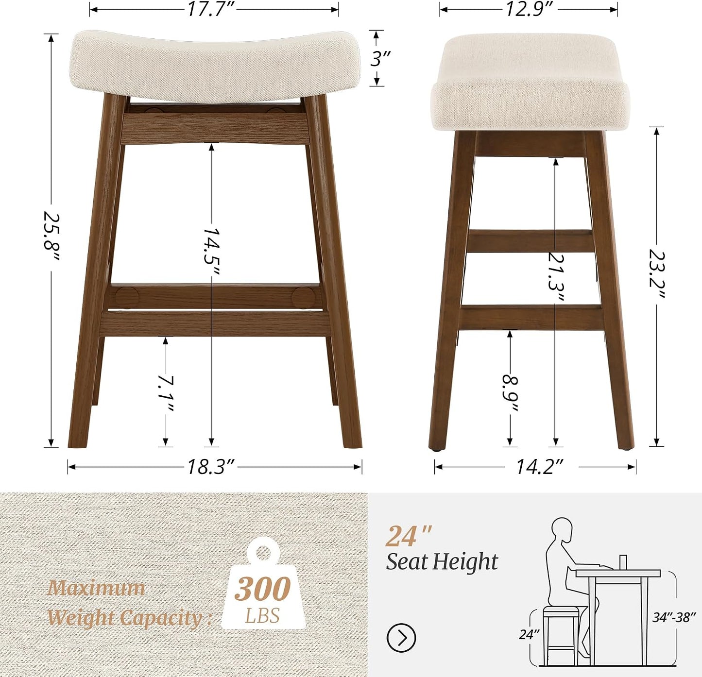 24 Inch Counter Height Bar Stools Set of 2 Antique White Saddle Seats