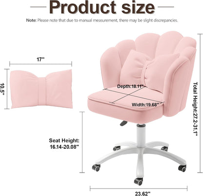 Purple Velvet Petal Vanity Chair Swivel Rolling Desk Chair with Bow Cushion