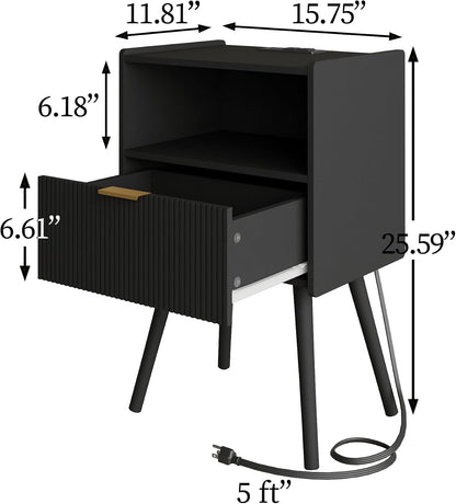Modern Walnut Brown Fluted Nightstand with Drawer & Open Shelf