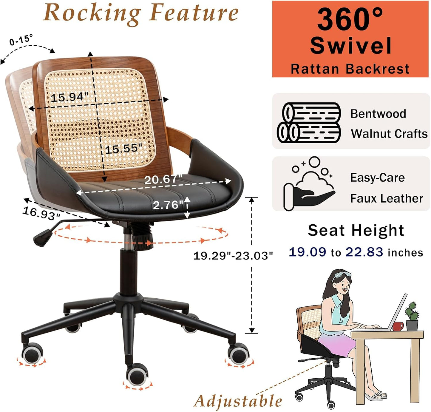 Walnut Rattan Office Chair Green Faux Leather Swivel Rolling Desk Chair