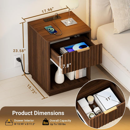 Modern Fluted Nightstand with Charging Station – Natural Oak Bedside Table