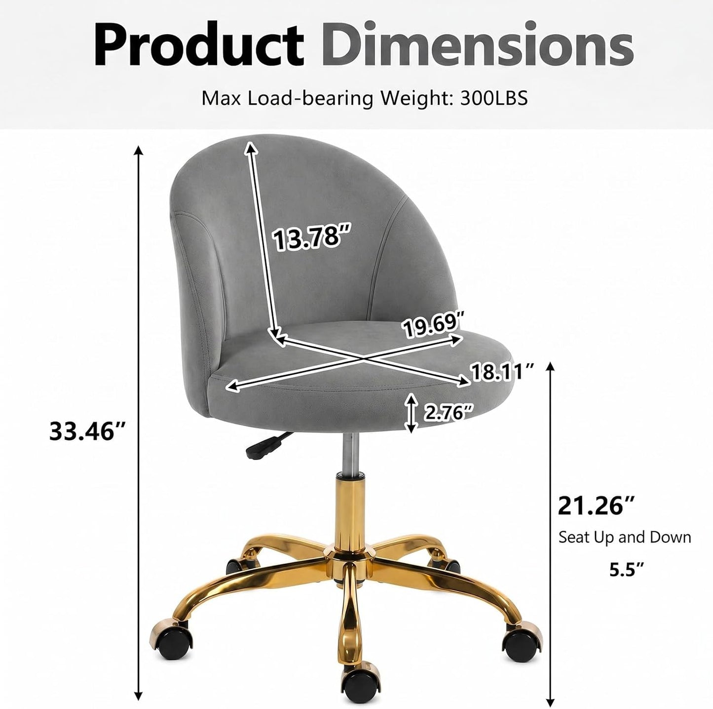Black Velvet Vanity Chair Gold Base Adjustable Swivel Rolling Desk Chair