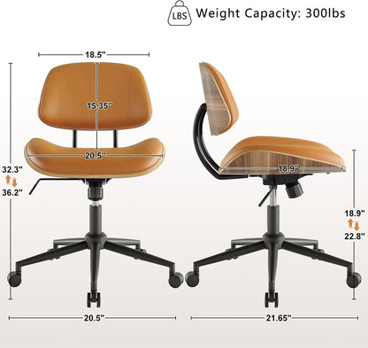 Black PU Leather Office Chair Armless Swivel Desk Chair with Walnut Back and Wheels