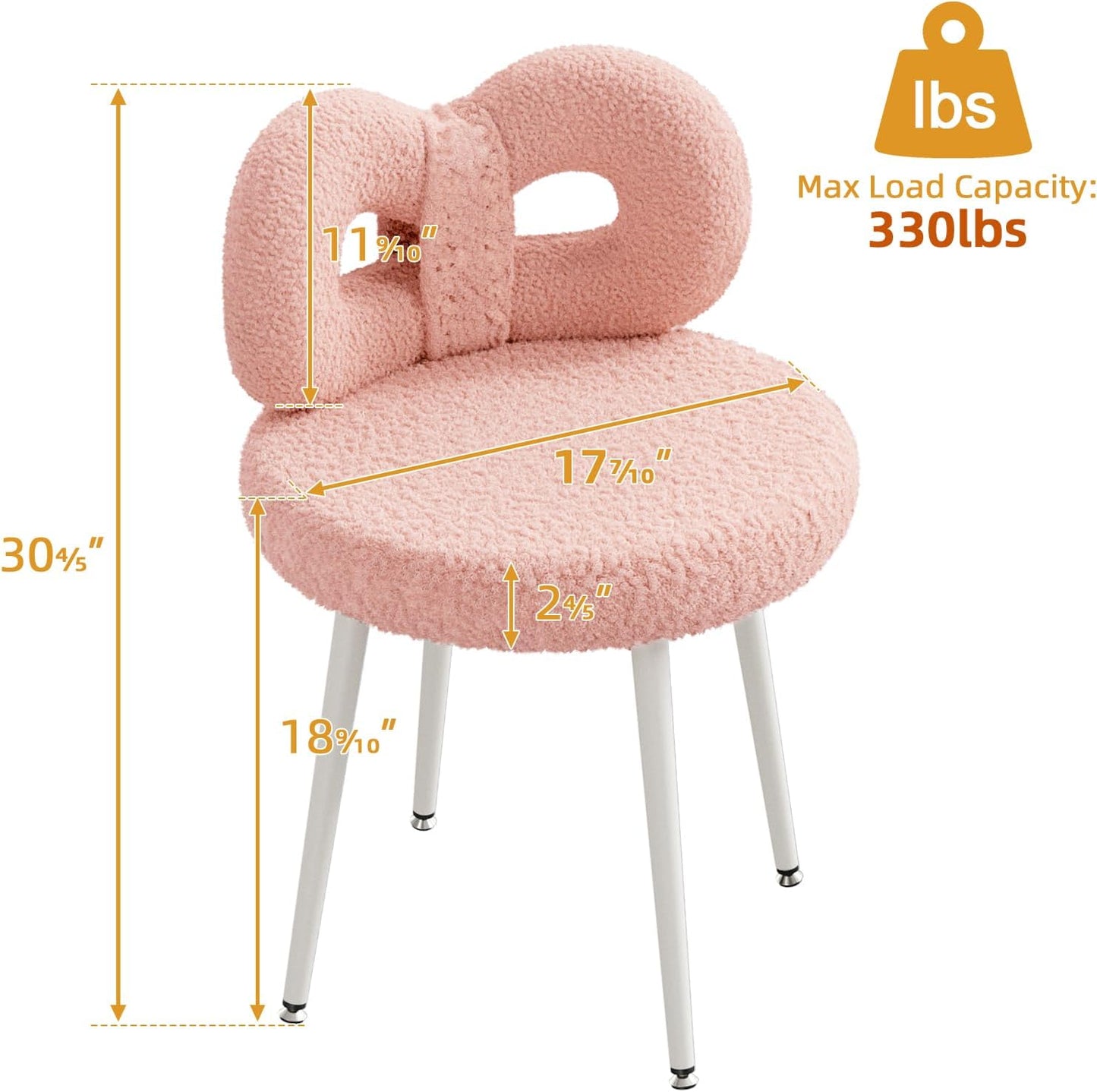 Pink Bow Vanity Chair Swivel Upholstered Makeup Chair with Metal Legs