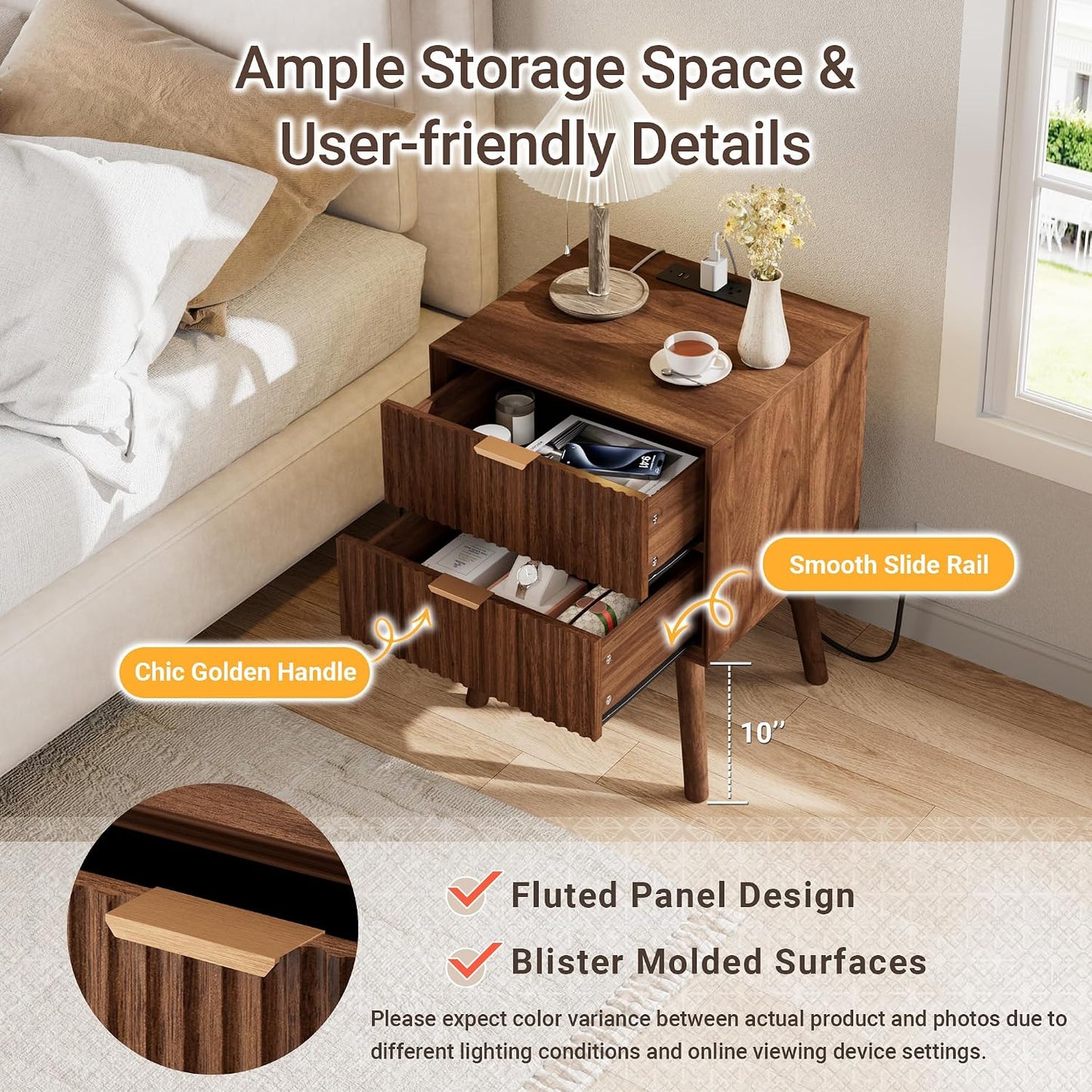 Modern Fluted Nightstand with Charging Station & 2 Drawers