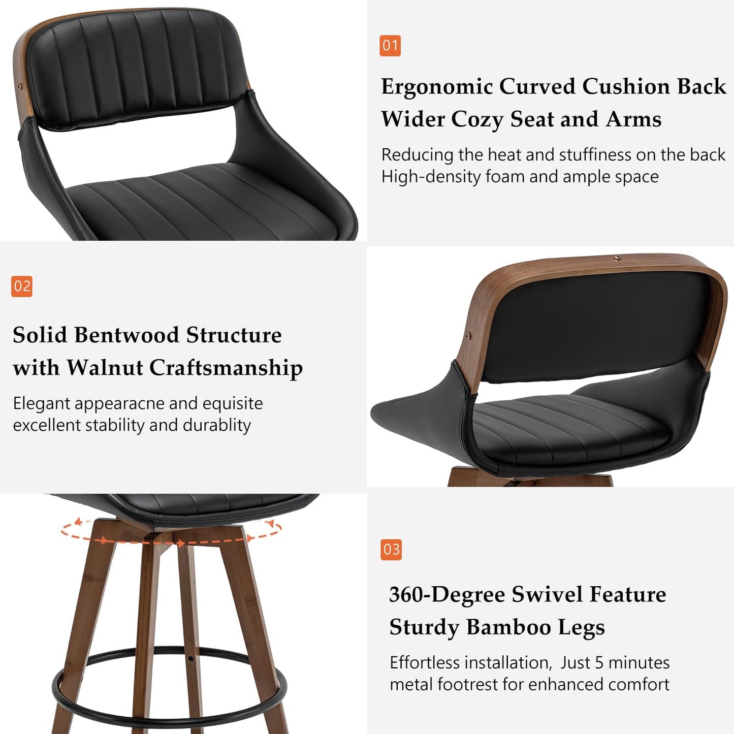 Walnut Black Swivel Bar Stools Faux Leather Mid Century Set of 2
