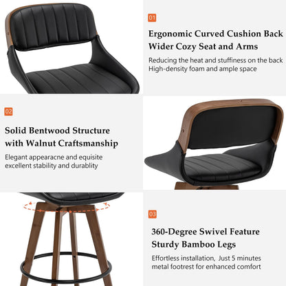 Walnut Black Swivel Bar Stools Faux Leather Mid Century Set of 2