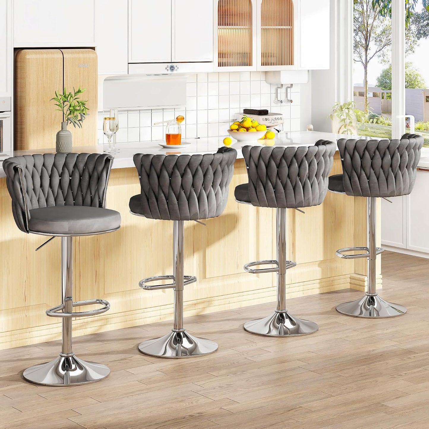 Black Velvet Swivel Bar Stools with Tufted Back Adjustable Height Set of 2
