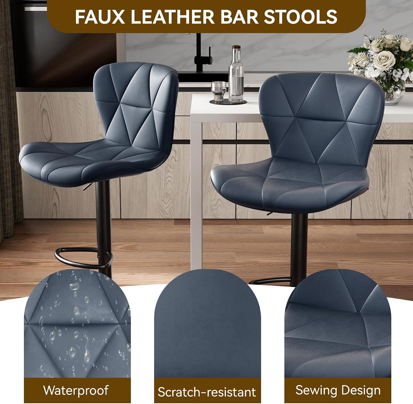 Black Swivel Bar Stools Set of 2 Adjustable Faux Leather Kitchen Chairs