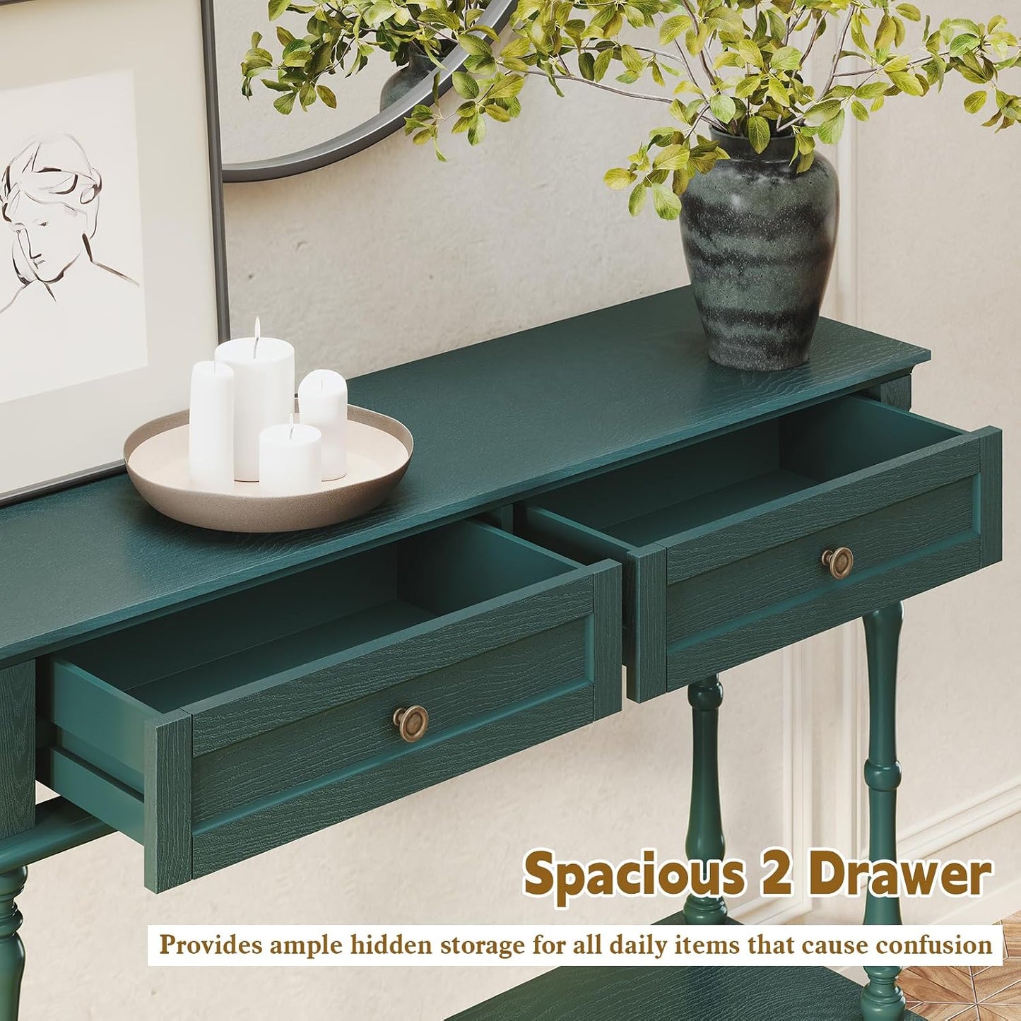 Green Console Table with Drawers Wood Entryway Table with Storage Shelf