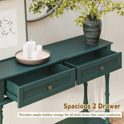 Green Console Table with Drawers Wood Entryway Table with Storage Shelf