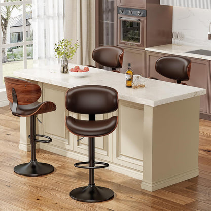 Adjustable Swivel Bar Stool Black PU Leather Walnut Bentwood Counter Chair