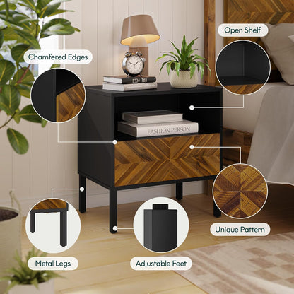 Solid Wood Herringbone Nightstand with Drawer & Open Shelf