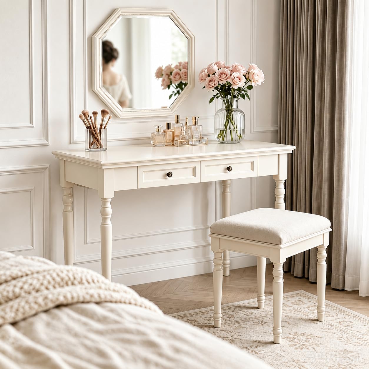 French Country Solid Wood Writing Desk with 2 Drawers Beige Farmhouse Table