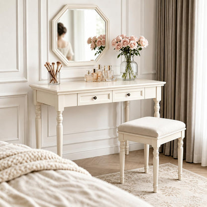 French Country Solid Wood Writing Desk with 2 Drawers Beige Farmhouse Table