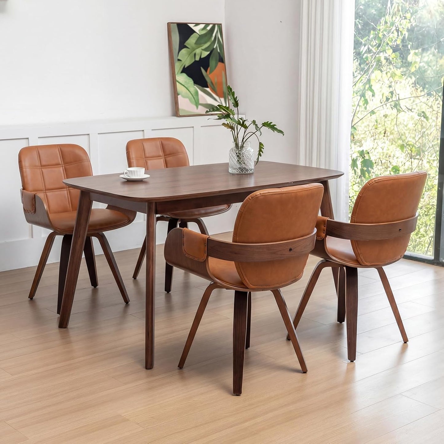 Walnut Brown Swivel Dining Chair with Arms Faux Leather Mid Century Chair