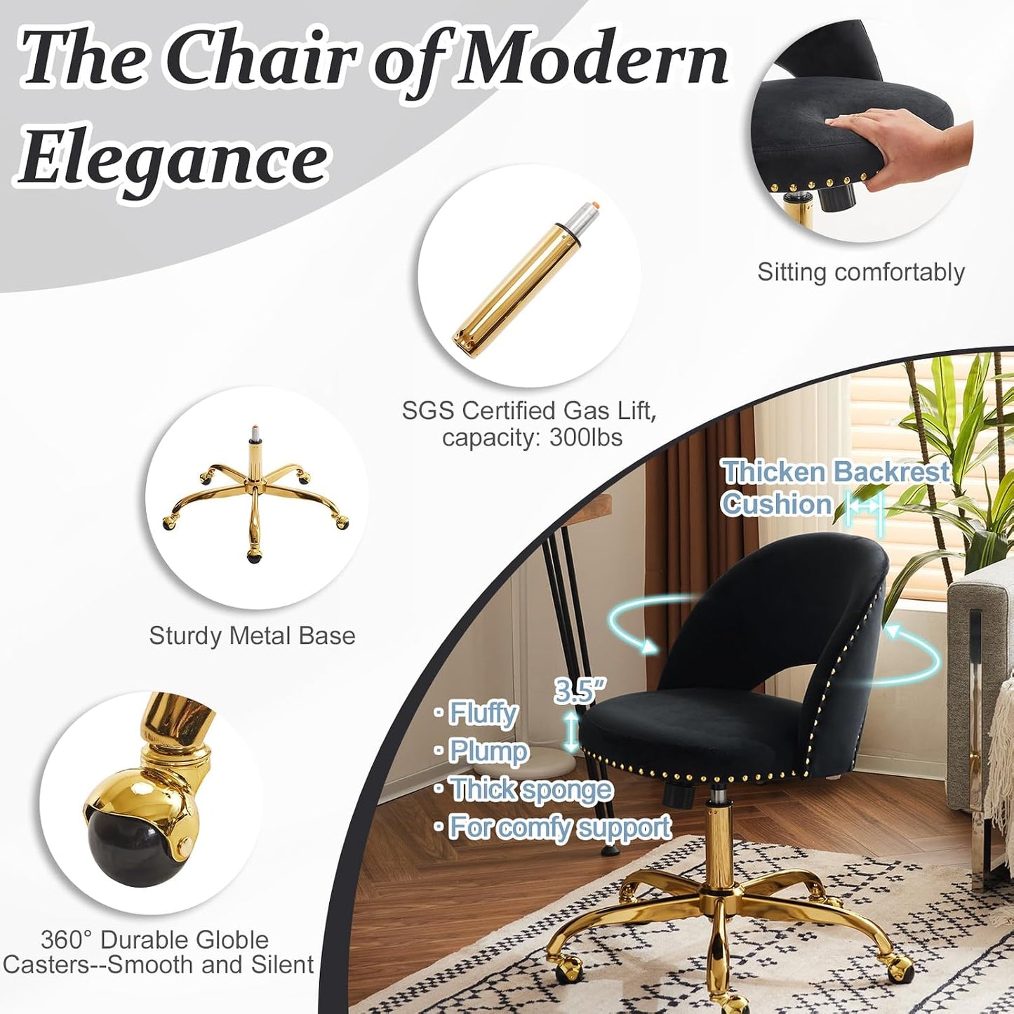 Navy Blue Velvet Office Chair Gold Swivel Rolling Vanity Desk Chair