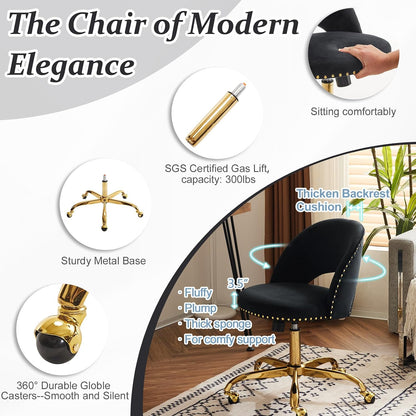 Navy Blue Velvet Office Chair Gold Swivel Rolling Vanity Desk Chair