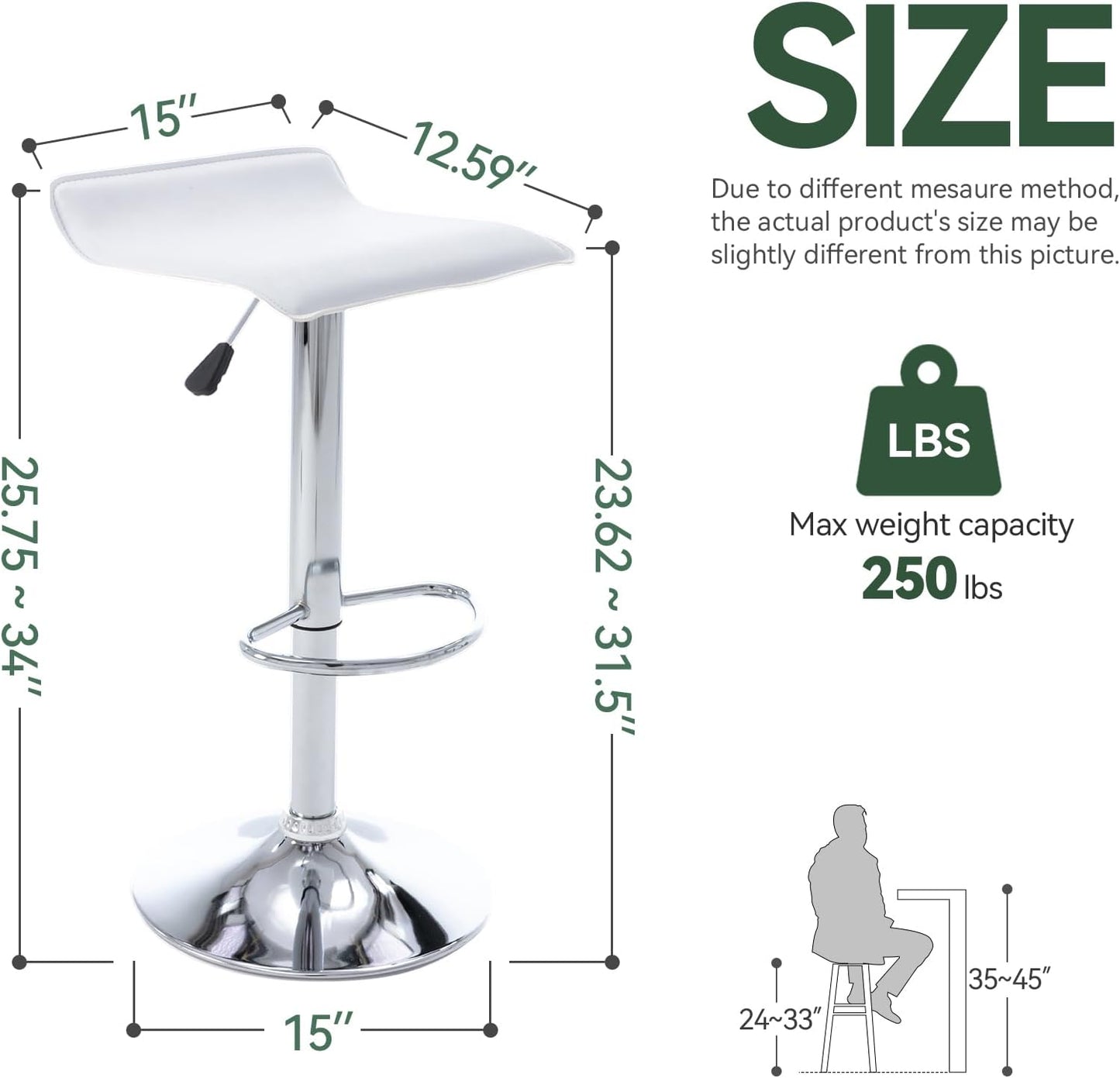 Black Adjustable Bar Stools Set of 2 Modern Swivel Backless Counter Chairs