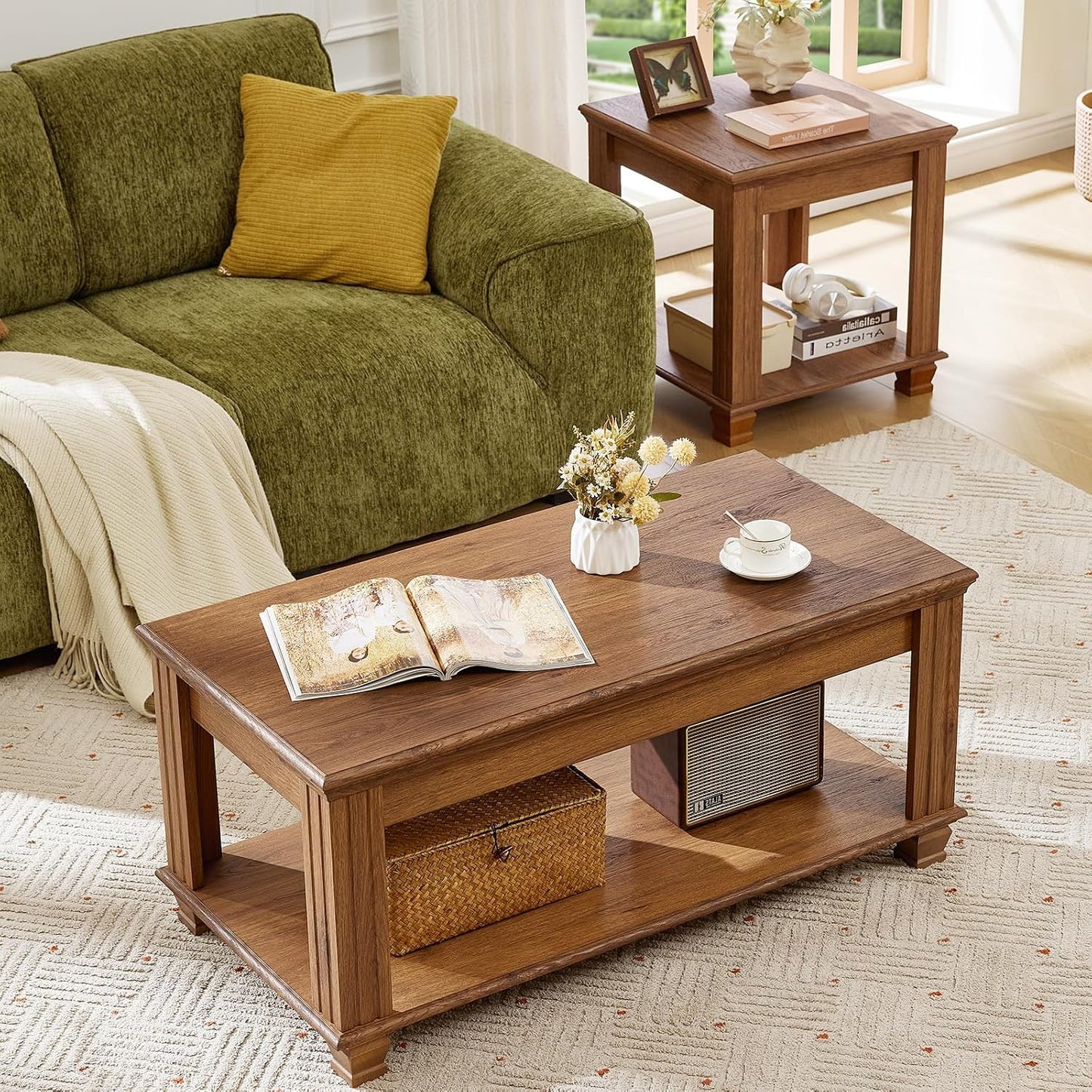 Farmhouse Walnut Coffee Table with Open Storage Shelf Rustic Wood Center Table