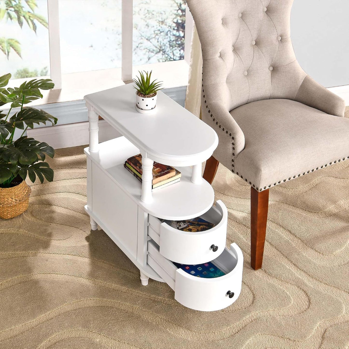 Solid Wood Slim End Table with 2 Drawers & Storage Shelf – Beewax Tone