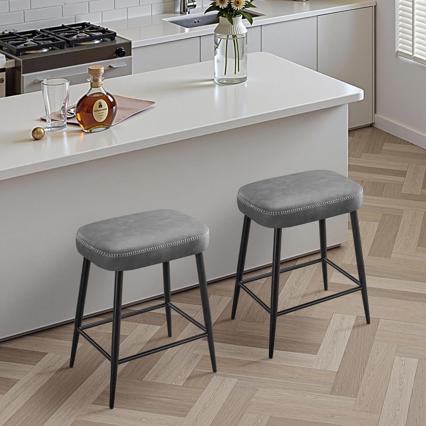Black Counter Height Bar Stools Set of 2 Upholstered Saddle Seats