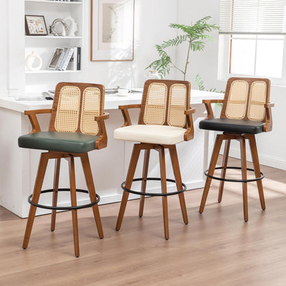 Walnut Rattan Swivel Counter Stool with Arms Green Upholstered Seat