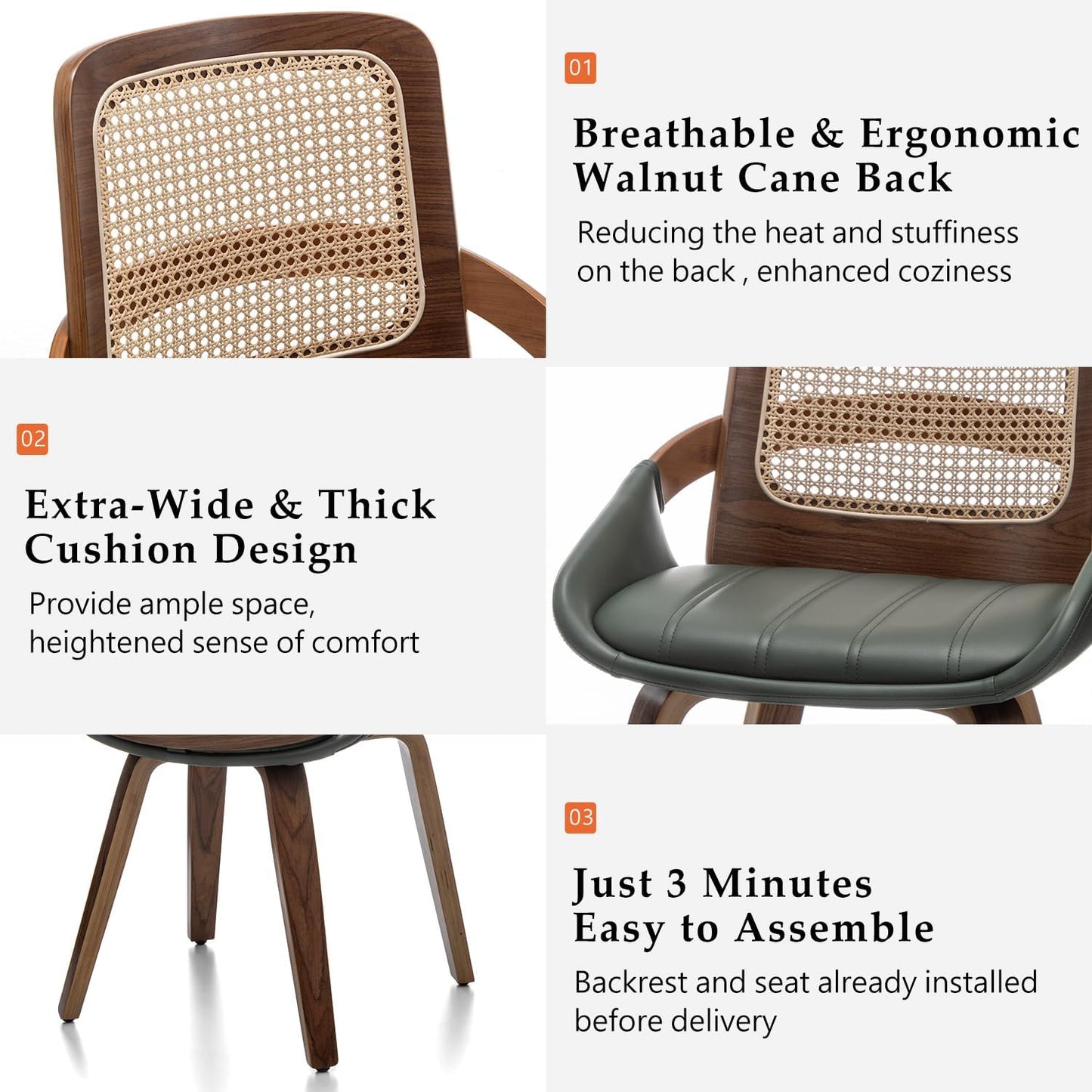 Walnut Rattan Dining Chair with Cane Back Black Upholstered Seat and Arms