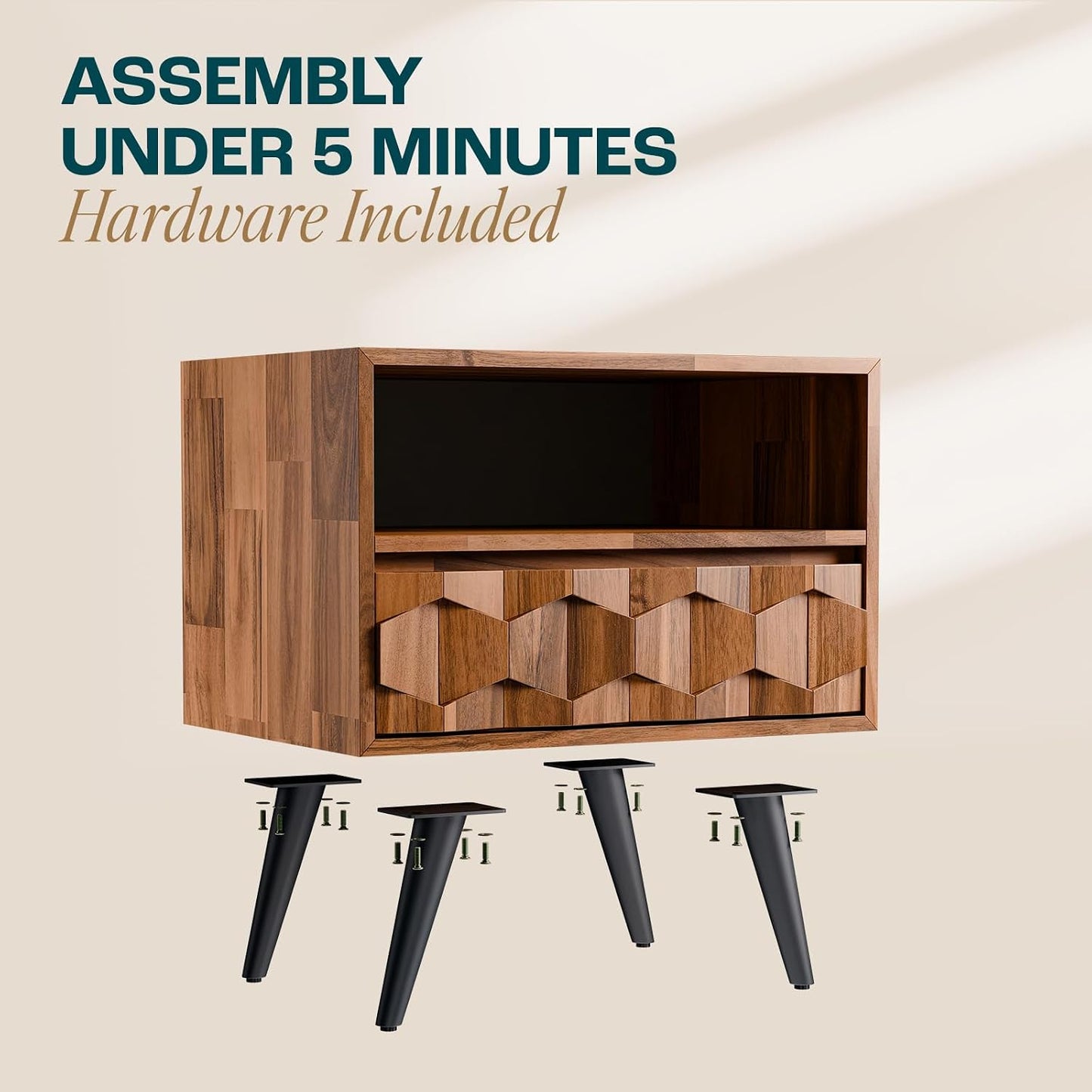Solid Acacia Wood Geometric Nightstand with Drawer & Open Shelf