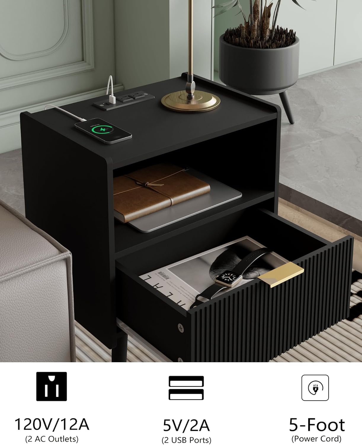 Modern Walnut Brown Fluted Nightstand with Drawer & Open Shelf