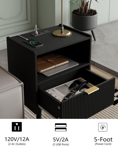 Modern Walnut Brown Fluted Nightstand with Drawer & Open Shelf