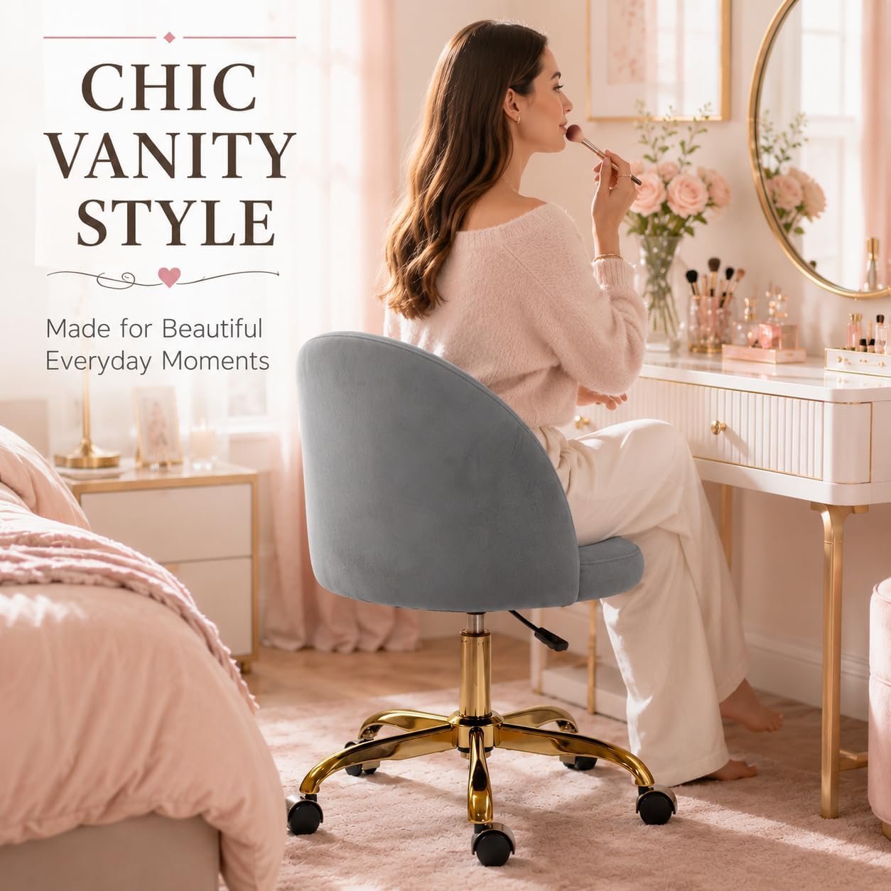 Black Velvet Vanity Chair Gold Base Adjustable Swivel Rolling Desk Chair