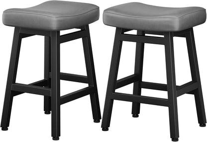 24 Inch Black Counter Height Bar Stools Set of 2 Bonded Leather Saddle Seats
