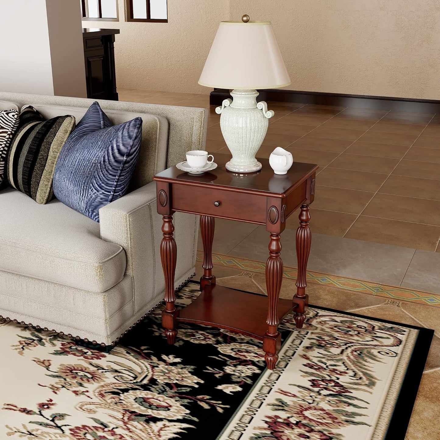Solid Wood Oval End Table Cherry Walnut with Drawer and Storage Shelf